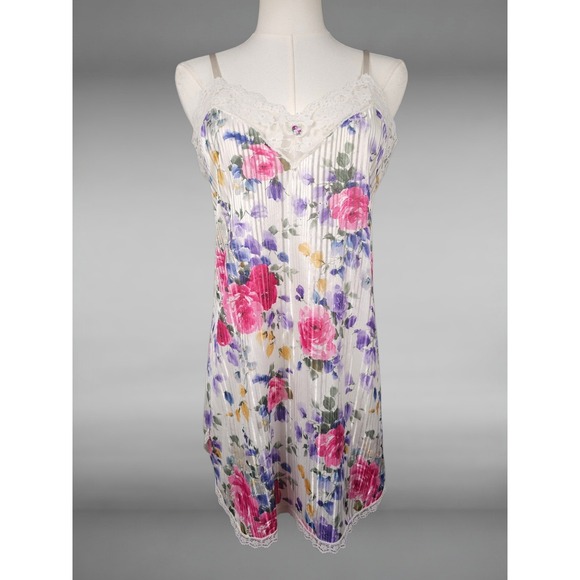 Unbranded Other - Vintage Y2K Floral Satin Stripe Lace  Trim Chemise Slip Coquette Womens  S